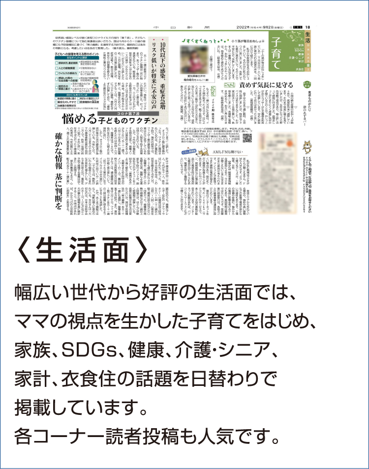 〈生活面〉幅広い世代から好評の生活面では、ママの視点を生かした子育てをはじめ、家族、SDGs、健康、介護・シニア、 家計、衣食住の話題を日替わりで掲載しています。各コーナー読者投稿も人気です。